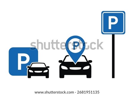 Car Parking Vector Icons with Location Marker and Sign Symbol 
