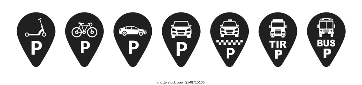 Conjunto de pinos de vetor de estacionamento de carro. Espaço de estacionamento Ícone de vetor de estacionamento público para carro, táxi, ônibus, scooter, caminhão e bicicleta
