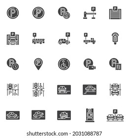 Car parking vector icons set, modern solid symbol collection, filled style pictogram pack. Signs, logo illustration. Set includes icons as car garage, entrance gate, payment, bus stop, road sign