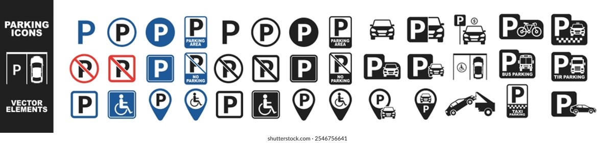 Conjunto de ícones vetoriais de estacionamento. Espaço de estacionamento Ícone de vetor de estacionamento público para carro, táxi, ônibus, scooter, caminhão e bicicleta