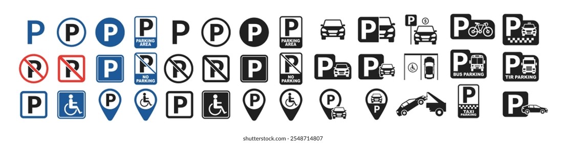 Car parking vector icons set. Parking space. Public parking vector icon for car, taxi, bus, scooter, truck and bicycle