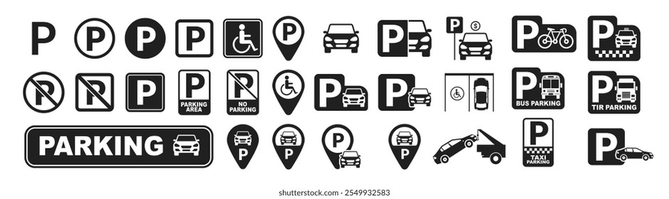 Conjunto de ícones vetoriais de estacionamento. Vários sinais de estacionamento. Estacionamento e sinalização de trânsito isolados