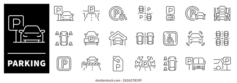 Car parking vector icons set. Car parking icons. Outline parking icons collection. Parking area symbols.