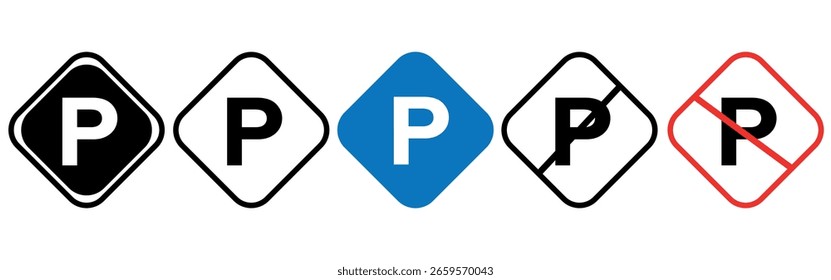 Conjunto de iconos de vectores de estacionamiento de automóviles. Plaza de aparcamiento. Icono de Vector de estacionamiento público