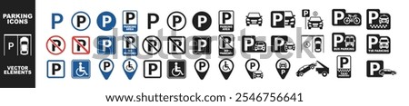 Car parking vector icons set. Parking space. Public parking vector icon for car, taxi, bus, scooter, truck and bicycle