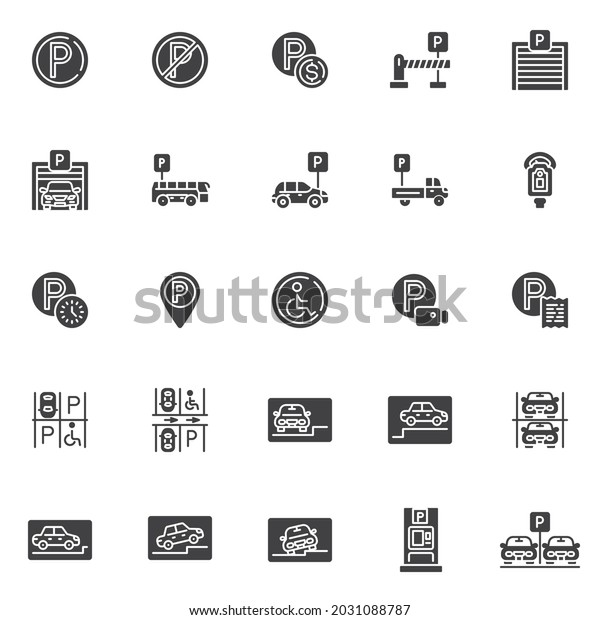 Car parking vector icons set, modern solid symbol\
collection, filled style pictogram pack. Signs, logo illustration.\
Set includes icons as car garage, entrance gate, payment, bus stop,\
road sign
