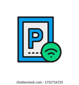 Car parking with Wi-Fi, smart parking area flat color line icon.