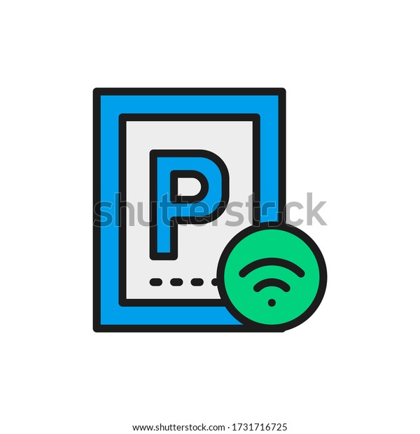 Car parking with Wi-Fi, smart parking area flat
color line icon.