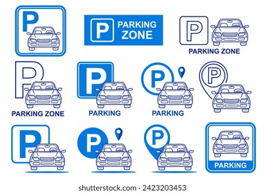 Zona de estacionamiento para autos, estacionamiento para auto transporte por carretera permitido, juego de señales de tráfico. Parada de transporte de automóviles en la calle, estación de garaje. Servicio para compartir vehículos. Puntero del mapa de ubicación GPS. Vector