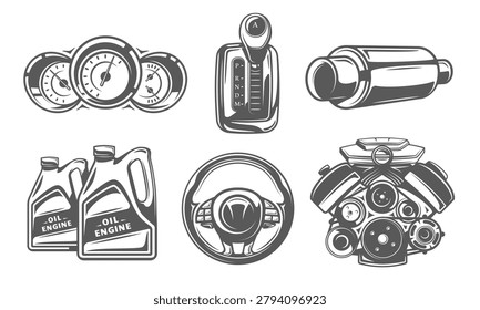 Car part icon set includes a steering wheel, engine, gearbox, dashboard meters, exhaust pipe and oil canisters. Design element for auto service and car repair. Vector illustration