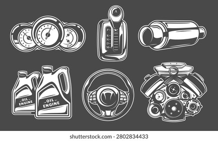 Car part icon set includes a steering wheel, engine, gearbox, dashboard meters, exhaust pipe and oil canisters. Design element for auto service and car repair. Vector illustration