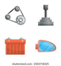 Car part icons set cartoon vector. New spare part for automobile. Auto repair service