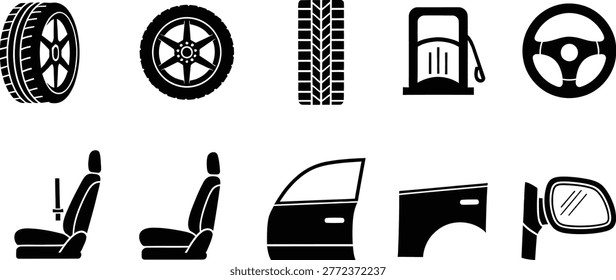 Car part icons set with tire wheel gas pump steering seat automotive elements