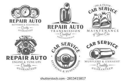 Car part logo set includes an engine, steering wheel, gearbox, dashboard meters, exhaust pipe and oil canisters. Design element for auto service branding and car maintenance. Vector illustration