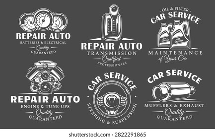 Car part logo set includes an engine, steering wheel, gearbox, dashboard meters, exhaust pipe and oil canisters. Design element for auto service branding and car maintenance. Vector illustration