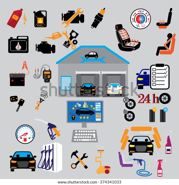 Car part set of repair icon vector\
illustration.  Auto service maintenance\
icon