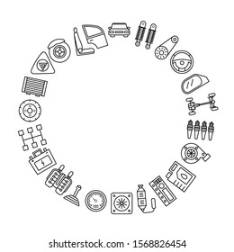 Car Part Thin Line Icon Set Include of Wheel, Battery, Steering, Speedometer and Suspension. Vector illustration