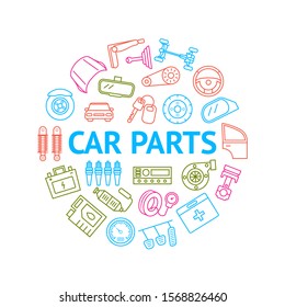 Car Part Thin Line Round Design Template Ad Include of Wheel, Battery, Steering, Speedometer and Suspension. Vector illustration