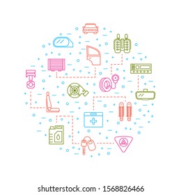 Car Part Thin Line Round Design Template Include of Wheel, Battery, Steering, Speedometer and Suspension. Vector illustration