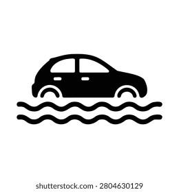 Car partially submerged in wavy water flooded vehicle