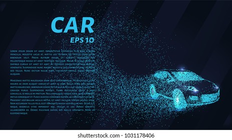 Car from the particles. The car consists of dots and circles. Blue car on dark background