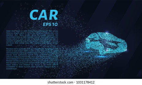 Car from the particles. The car consists of dots and circles. Blue car on dark background