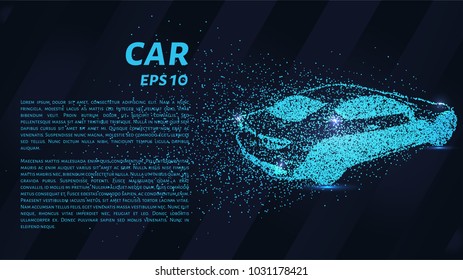 Car from the particles. The car consists of dots and circles. Blue car on dark background