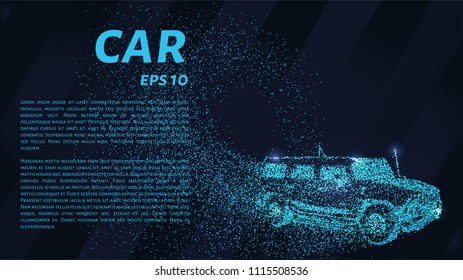 Car from the particles. Car consists of small circles and dots. Vector illustration..