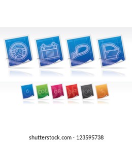 Car parts and accessories (blueprint style), from left to right:  Steering wheel, Car battery, Car mirror, Car door.