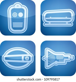 Car parts and accessories, from left to right:  Remote lock, Roof rack, Door handle, Gearshift.