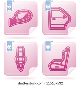 Car parts and accessories, from left to right: Piston, Automatic Gear Shift, Spark plug, Car seat.