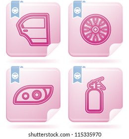 Car parts and accessories, from left to right: Car door, Rim wheel, Head lamp, Fire extinguisher.