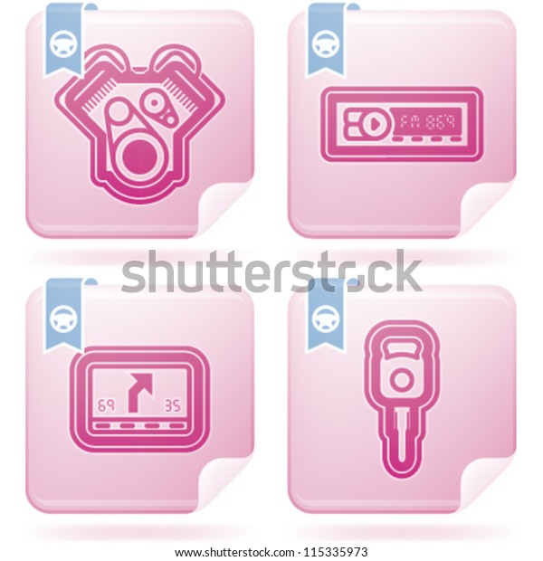 Car parts and accessories, from left\
to right: Engine, Car radio, Car navigation, Car\
key.