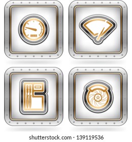Car parts and accessories, pictured here from left to right, top to bottom:  Speedometer, Fuel indicator, Fuel pump, Disk brake.