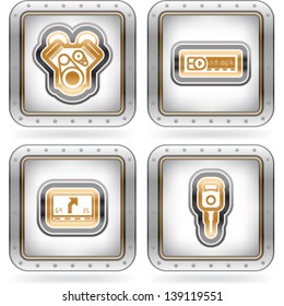 Car parts and accessories, pictured here from left to right, top to bottom:  Engine, Car radio, Car navigation, Car key.