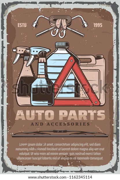 Car parts and auto accessories and chemistry\
fluids store retro poster. Vector vintage design of autoglass\
cleaner sprayer, lug wrench and emergency stop sign with tow hooks\
and windshield scraper