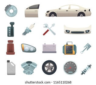 Car parts. Automobile creation kit with gear wheels disc engine transmission steel white door brown seat and headlight vector icons. Auto engine, automobile of part, illustration of wheel machine