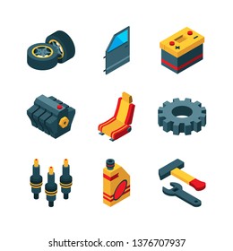 Car Parts. Automobile Tools Engine Transmission Steering Wheel Exhaust Pipe Vector Isometric Icon Collection