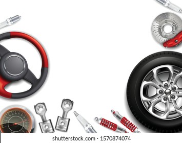 Car parts background with realistic images of alloy disks steering wheel shock absorbers with empty space vector illustration