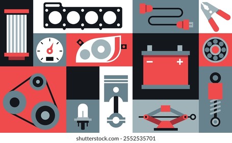 Vector de fondo de piezas de automóviles. Patrón geométrico, tienda de automóviles, servicio de automóviles.