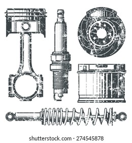 Car parts badges with shabby texture. Piston, spark-plug, brake, battery and shock absorber