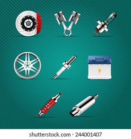 Car parts - brake, pistons, car light bulb, alloy wheels,  spark plug, battery, absorber, car muffler