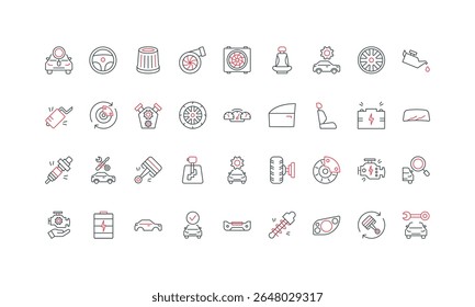 Car parts for change and vehicle repair in garage, automobile engine line icon set. Gearshift and spare wheel, tire and seat, piston, brake thin black and red outline symbols vector illustration