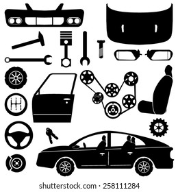 Car parts - chassis, car engine parts and car repair tools
