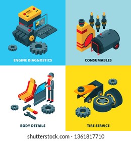 Car parts collection. Engine automobile wheels accumulator transmission gears vector isometric pictures