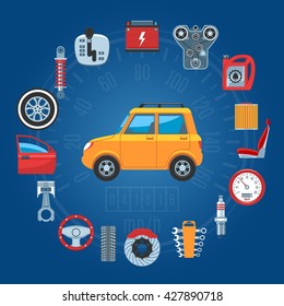 Car Parts Concept Icons Set. Vector Illustration