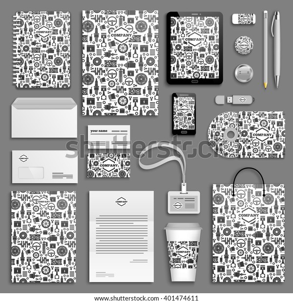 Car parts Corporate identity template set.\
Business stationery mock-up with logo. Branding design. Auto Spare\
Parts background.