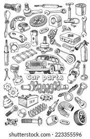 Car Parts In Freehand Drawing Style With The Image Of A Vintage Automobile On The Center Of Illustration. Set Of Vector Illustrations On The White Background