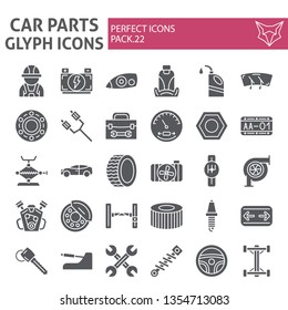 Car parts glyph icon set, automobile symbols collection, vector sketches, logo illustrations, auto repair signs solid pictograms package isolated on white background, eps 10.