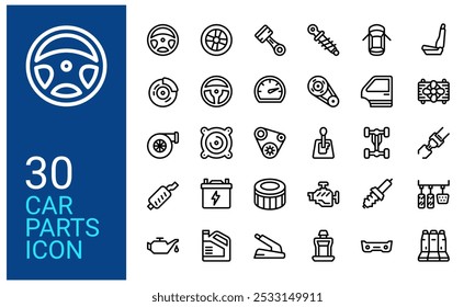Conjunto de ícones de peças de carro. Contornar a coleção de ícones de peças sobressalentes de carro. Adequado para aplicativo de tecnologia automotiva.